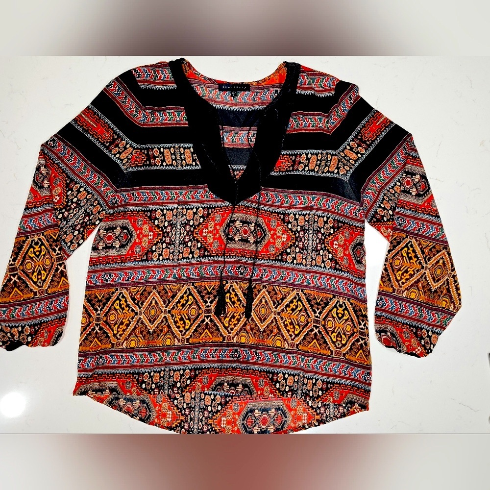 Sanctuary Women's Red & Gold‎ Market BoHo Tunic Top Blouse Aztec Tassel